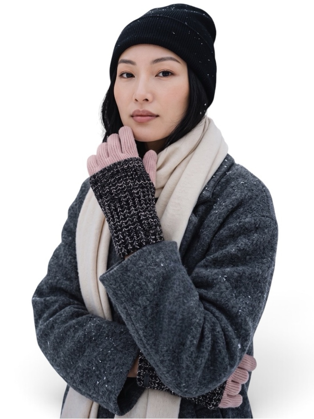 AllSaints Angled Stitch Marled Wool Blend Gloves Black Blush NWT